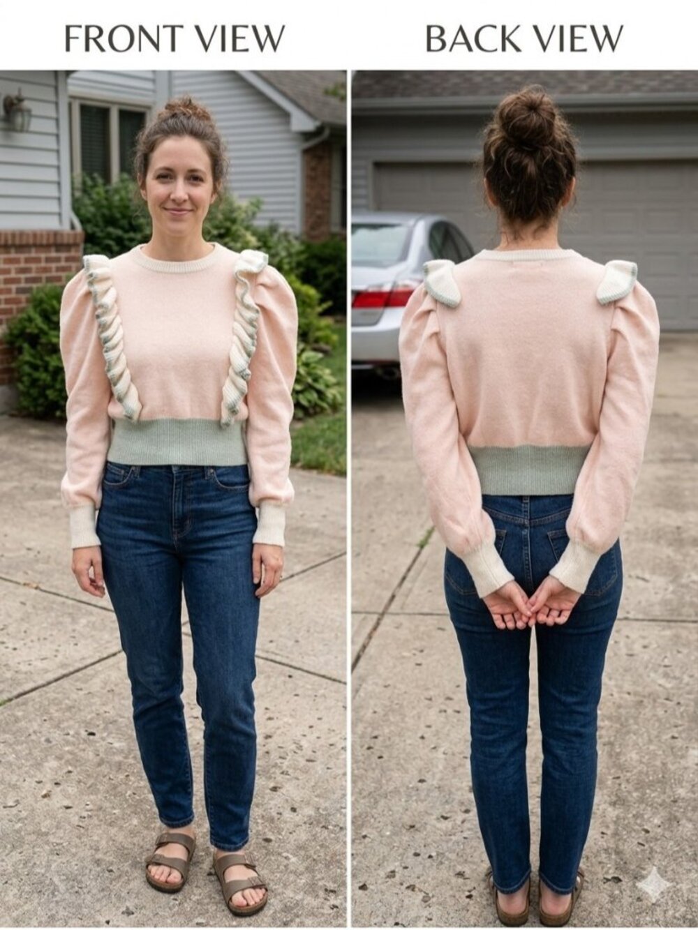 Listicle LSW0704 Ruffled Puff Sleeve Colorblock Sweater Pink Sage S Coquette